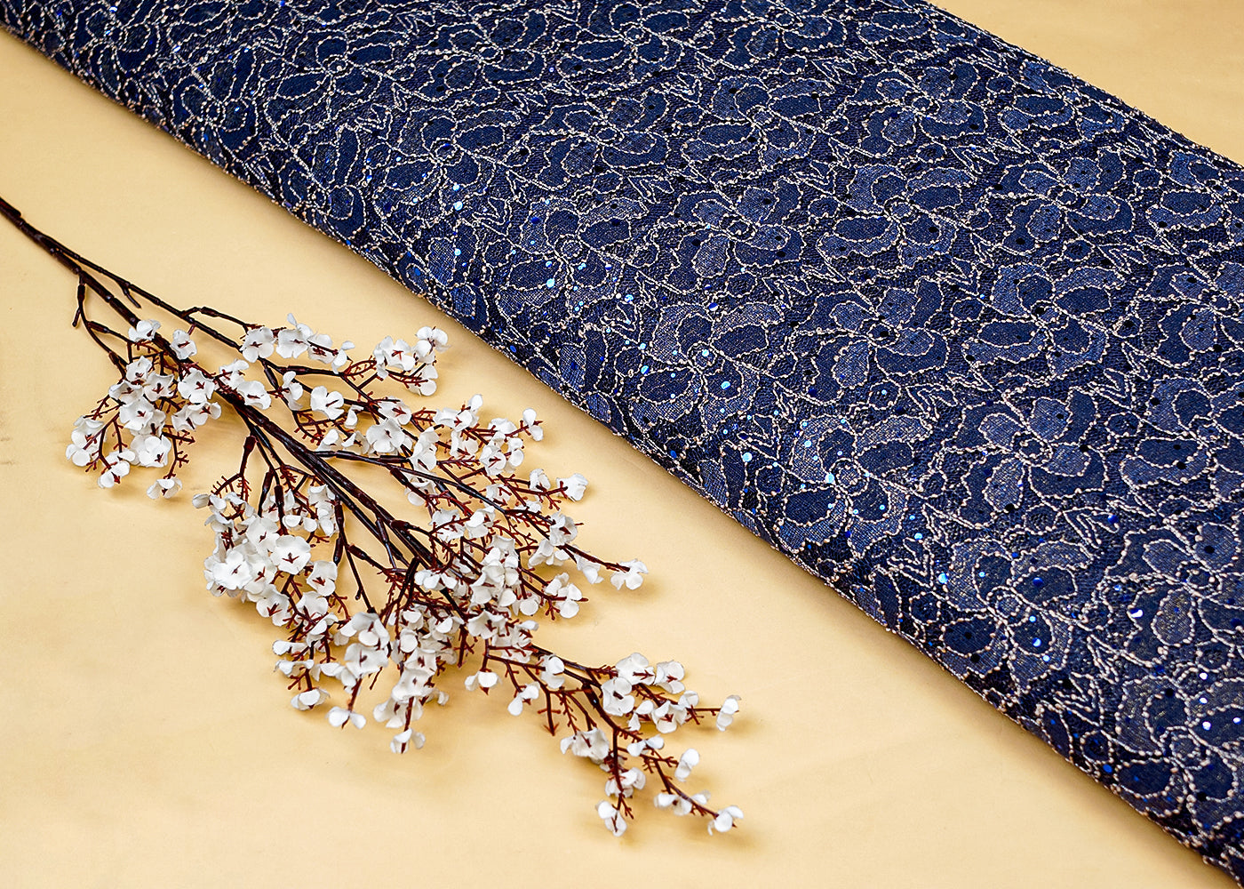 Navy Blue Sandlin Lace Fabric with Allover Floral Pattern with White Thread and Sequins Work 13219