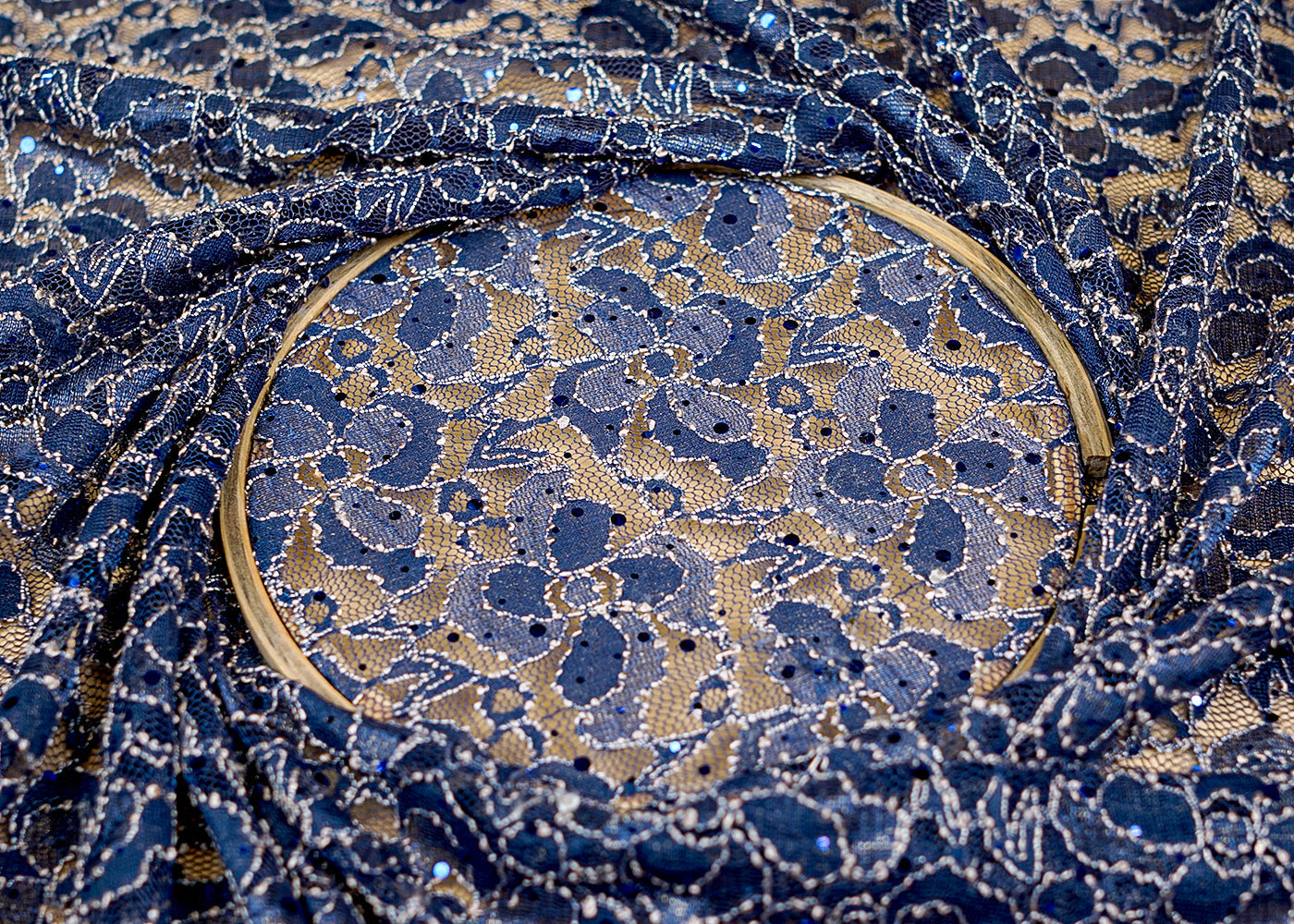 Navy Blue Sandlin Lace Fabric with Allover Floral Pattern with White Thread and Sequins Work 13219