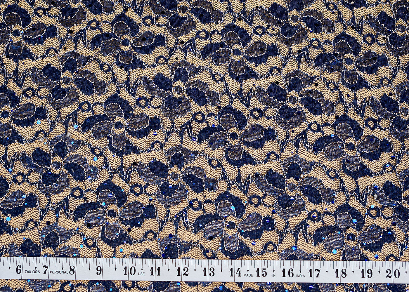 Navy Blue Sandlin Lace Fabric with Allover Floral Pattern with White Thread and Sequins Work 13219
