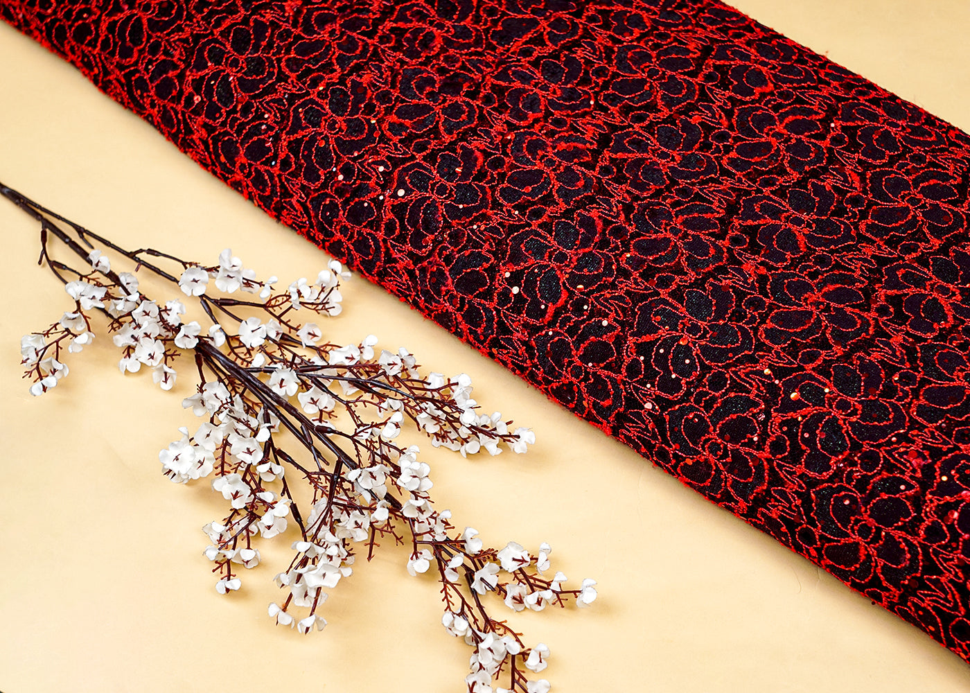 Red Sandlin Lace Fabric with allover Floral pattern Red Thread and Sequins Work 13222