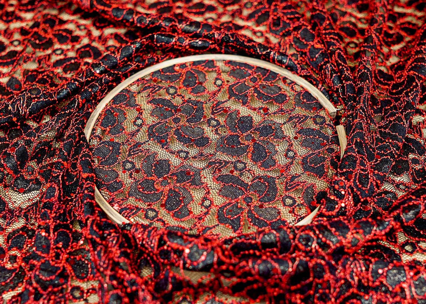 Red Sandlin Lace Fabric with allover Floral pattern Red Thread and Sequins Work 13222