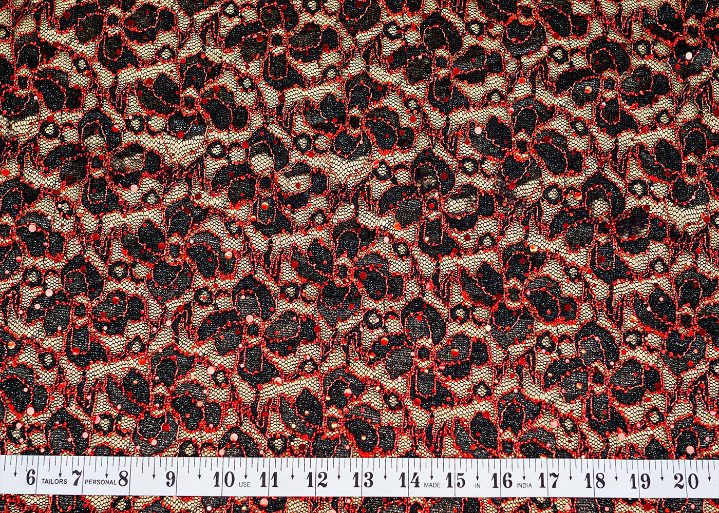 Red Sandlin Lace Fabric with allover Floral pattern Red Thread and Sequins Work 13222
