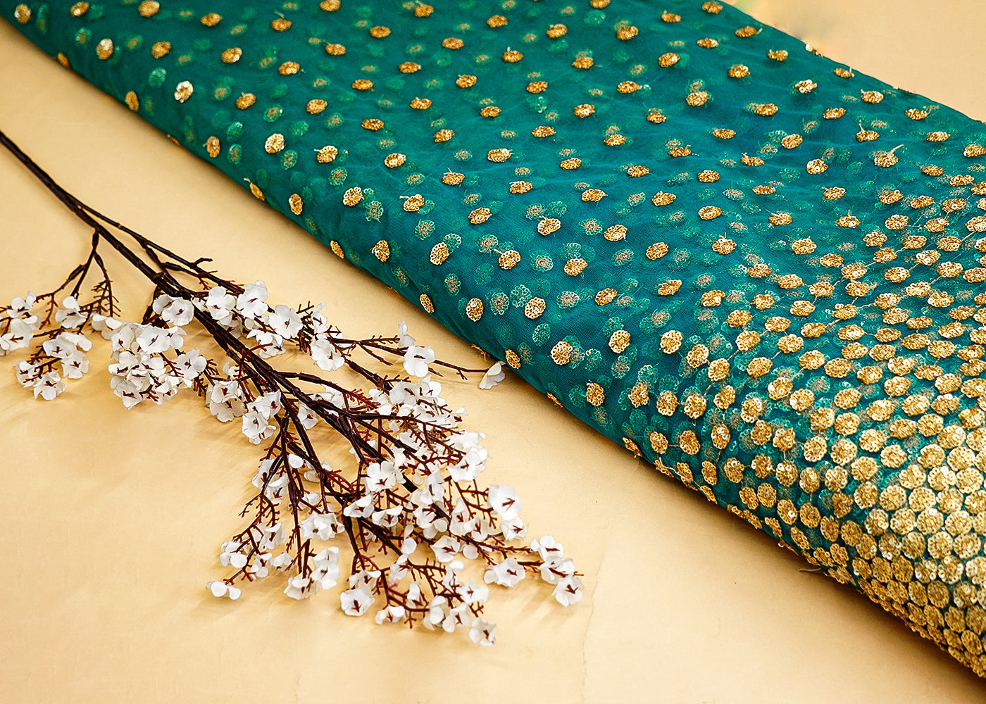 Rama Green Net Fabric with Buti of Thread and Sequins Work and Border 13233