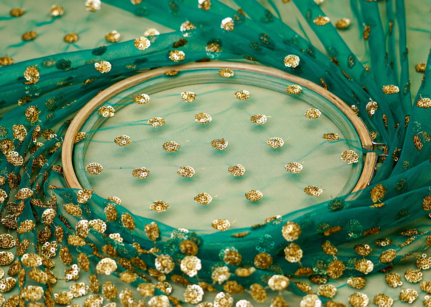 Rama Green Net Fabric with Buti of Thread and Sequins Work and Border 13233