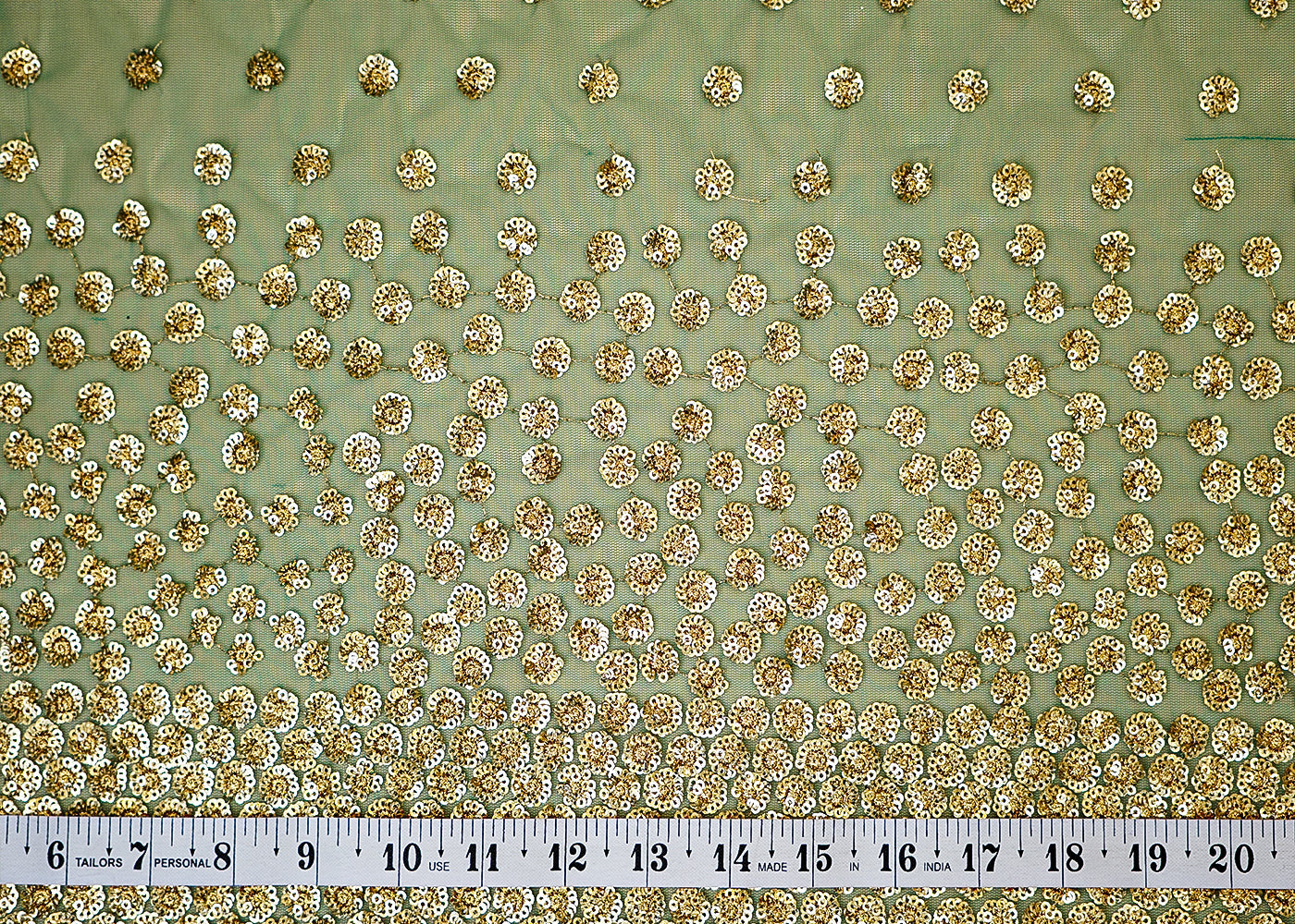 Rama Green Net Fabric with Buti of Thread and Sequins Work and Border 13233