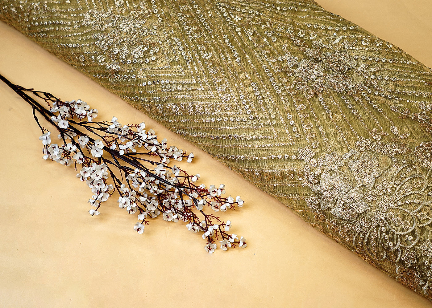 Golden Net Fabric with Allover Thread and Sequins Work with Scalloped Border 13240