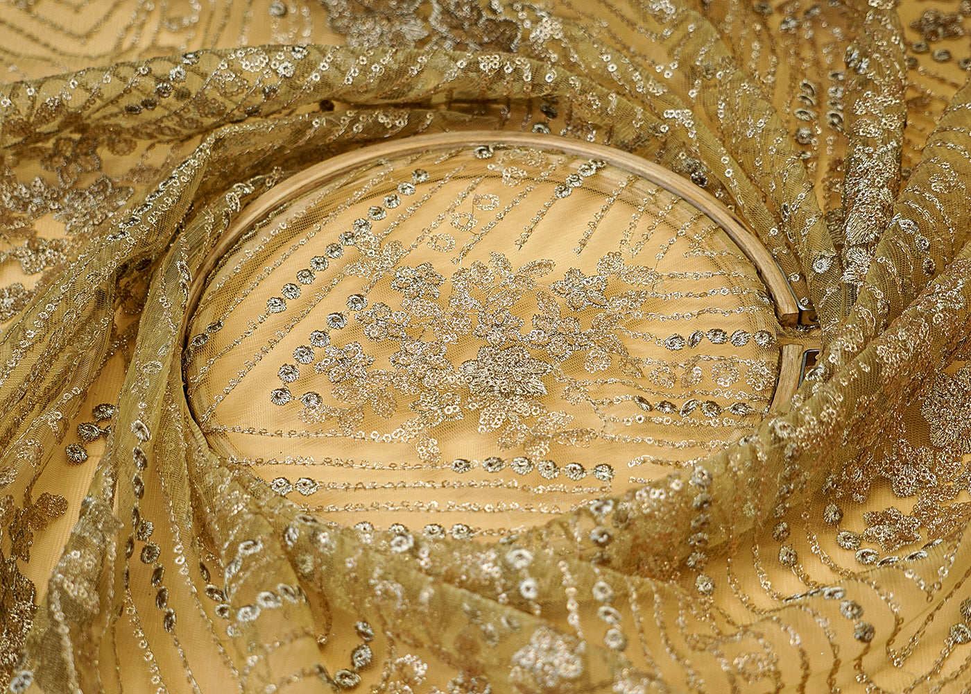 Golden Net Fabric with Allover Thread and Sequins Work with Scalloped Border 13240