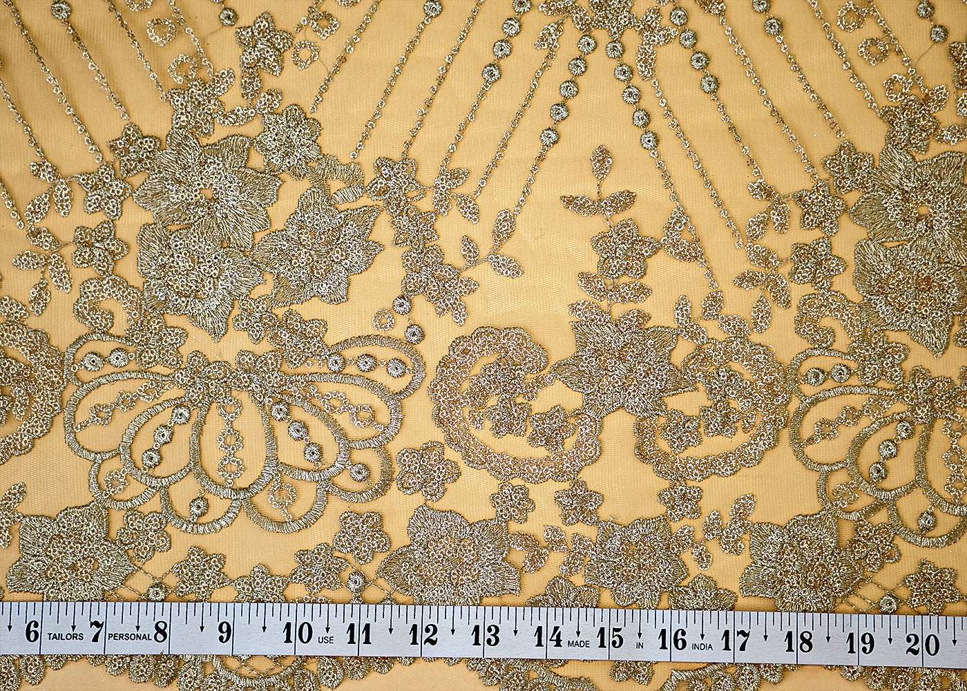 Golden Net Fabric with Allover Thread and Sequins Work with Scalloped Border 13240