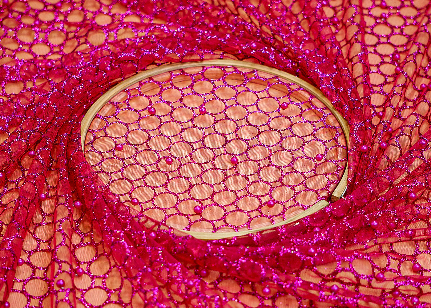 Hot Pink Net Fabric with Allover Glitter and Pearl Work 13241