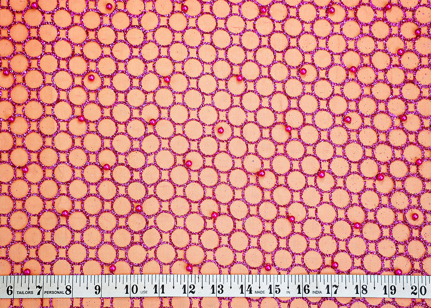 Hot Pink Net Fabric with Allover Glitter and Pearl Work 13241