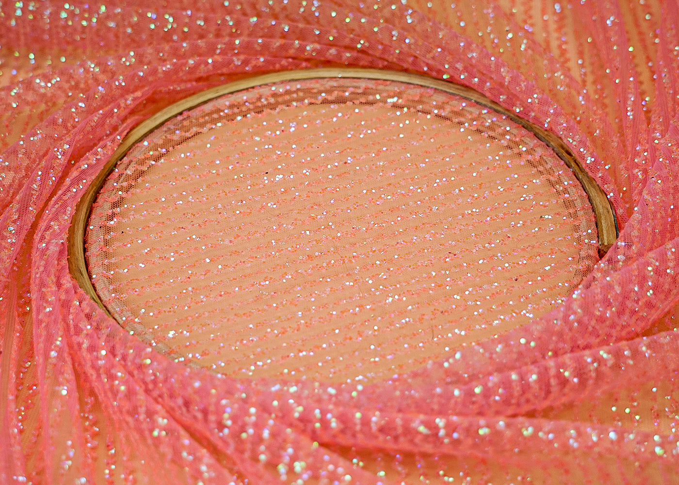 Baby Pink Net Fabric with Allover Glitter Work 13243