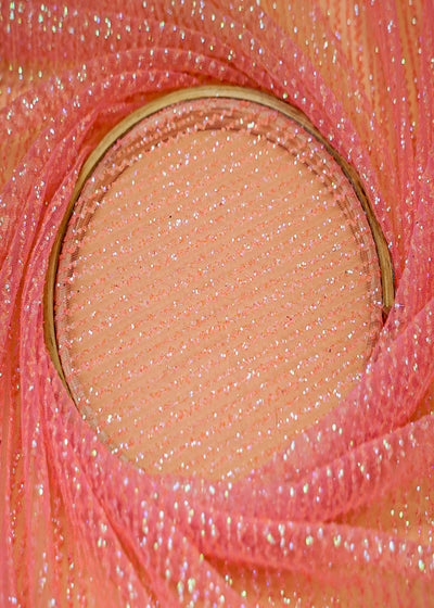 Baby Pink Net Fabric with Allover Glitter Work 13243