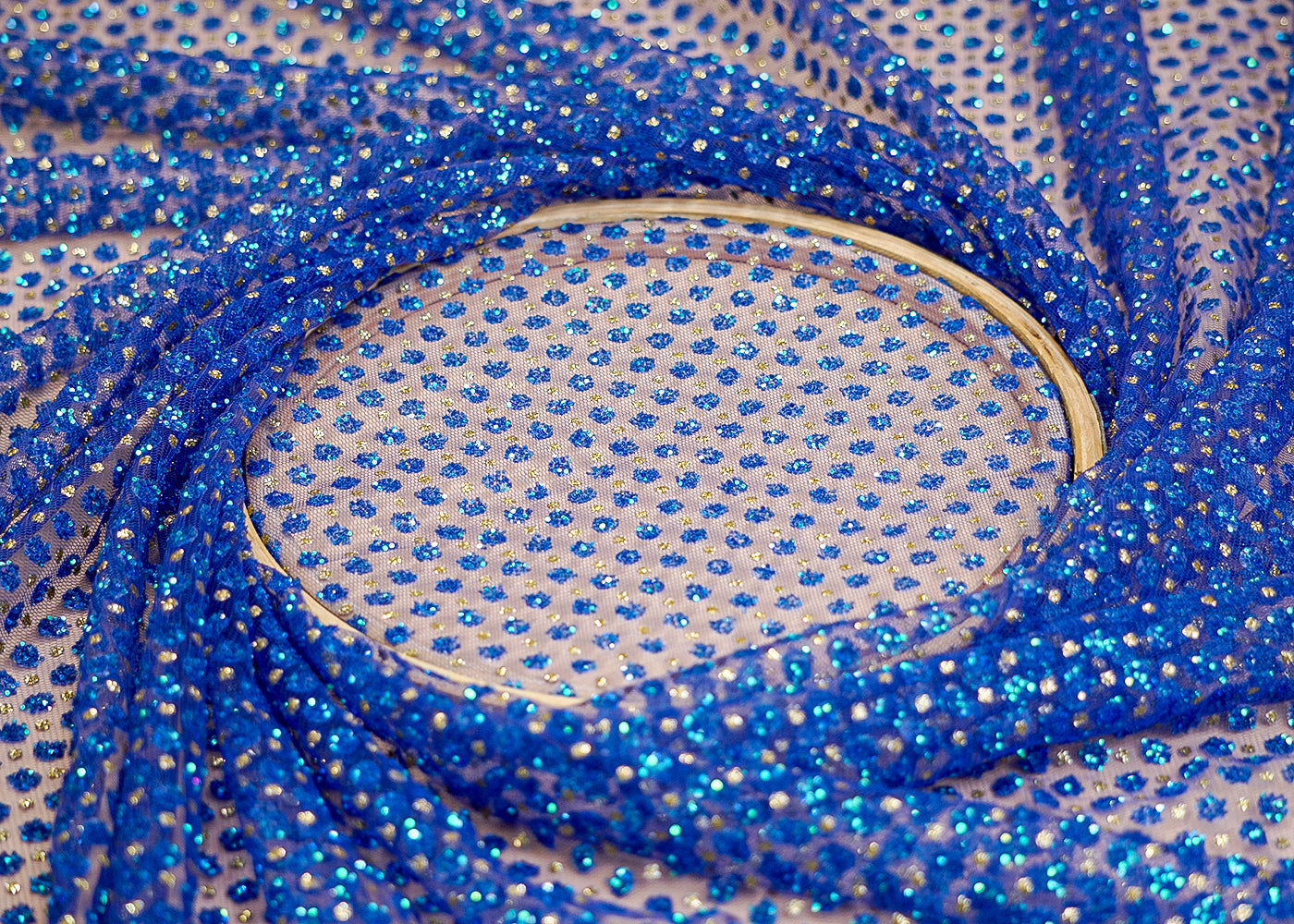 Blue Net Fabric with Allover Glitter Work 13244