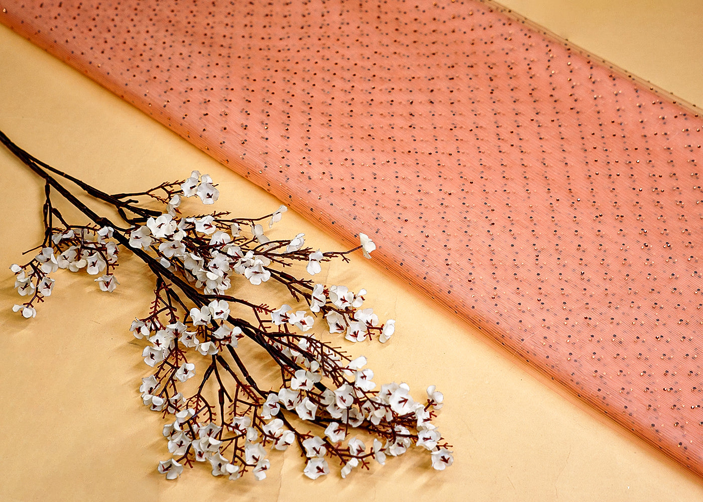 Peach Net Fabric with Allover Swarovski Work 13245
