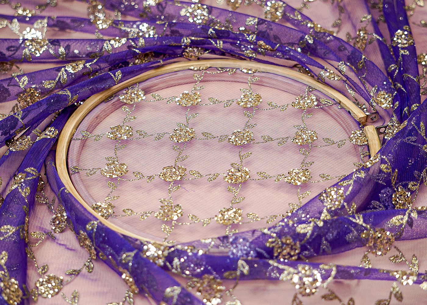 Navy Blue Net Fabric with Allover Golden Glitter Work 13249