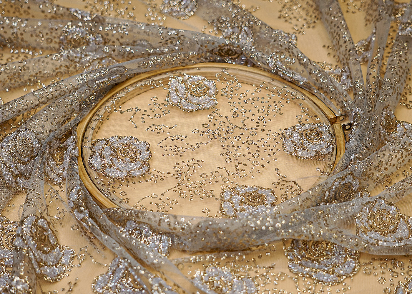 Light Grey Net Fabric with Allover Glitter and Katdana Work 13252