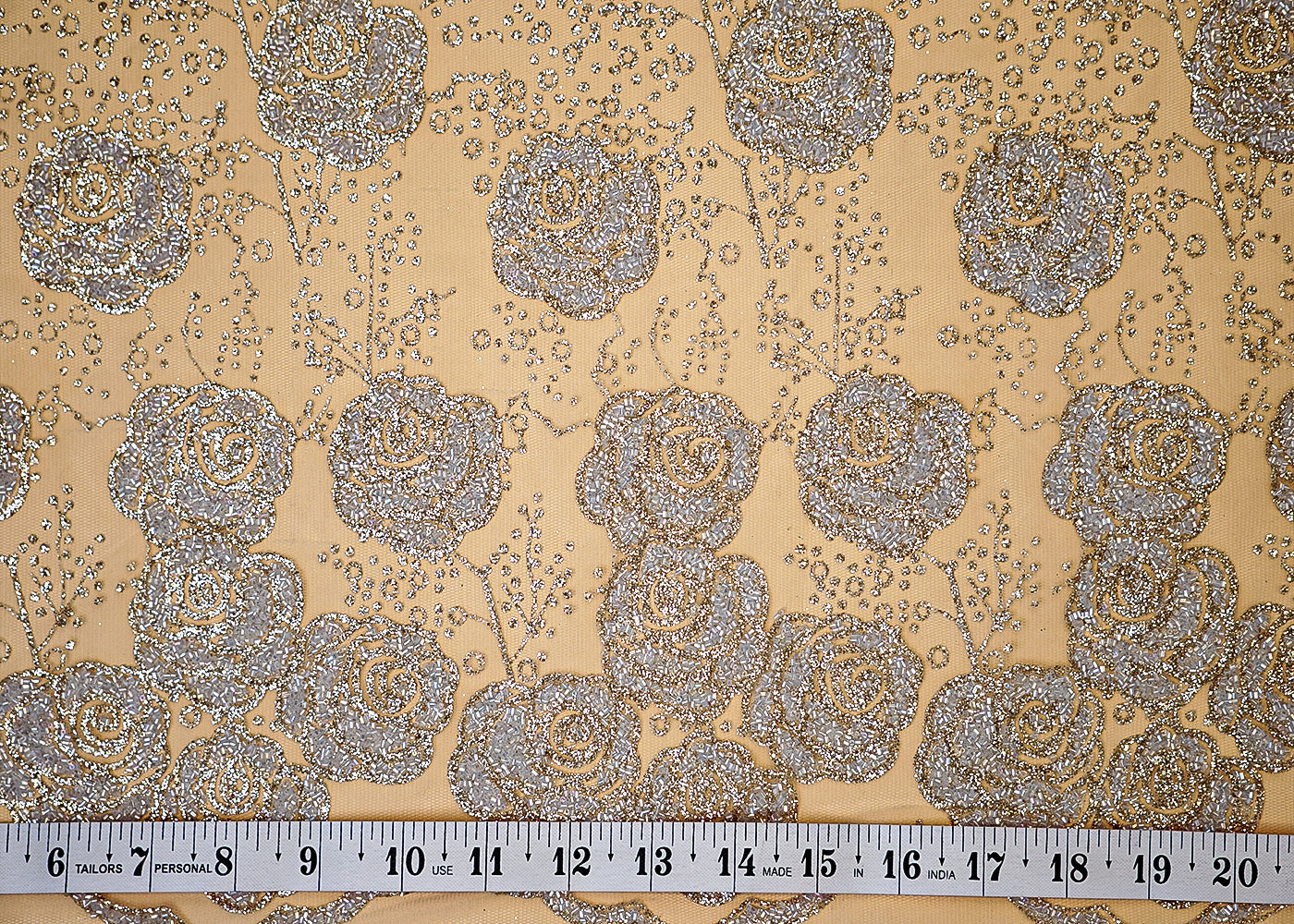 Light Grey Net Fabric with Allover Glitter and Katdana Work 13252