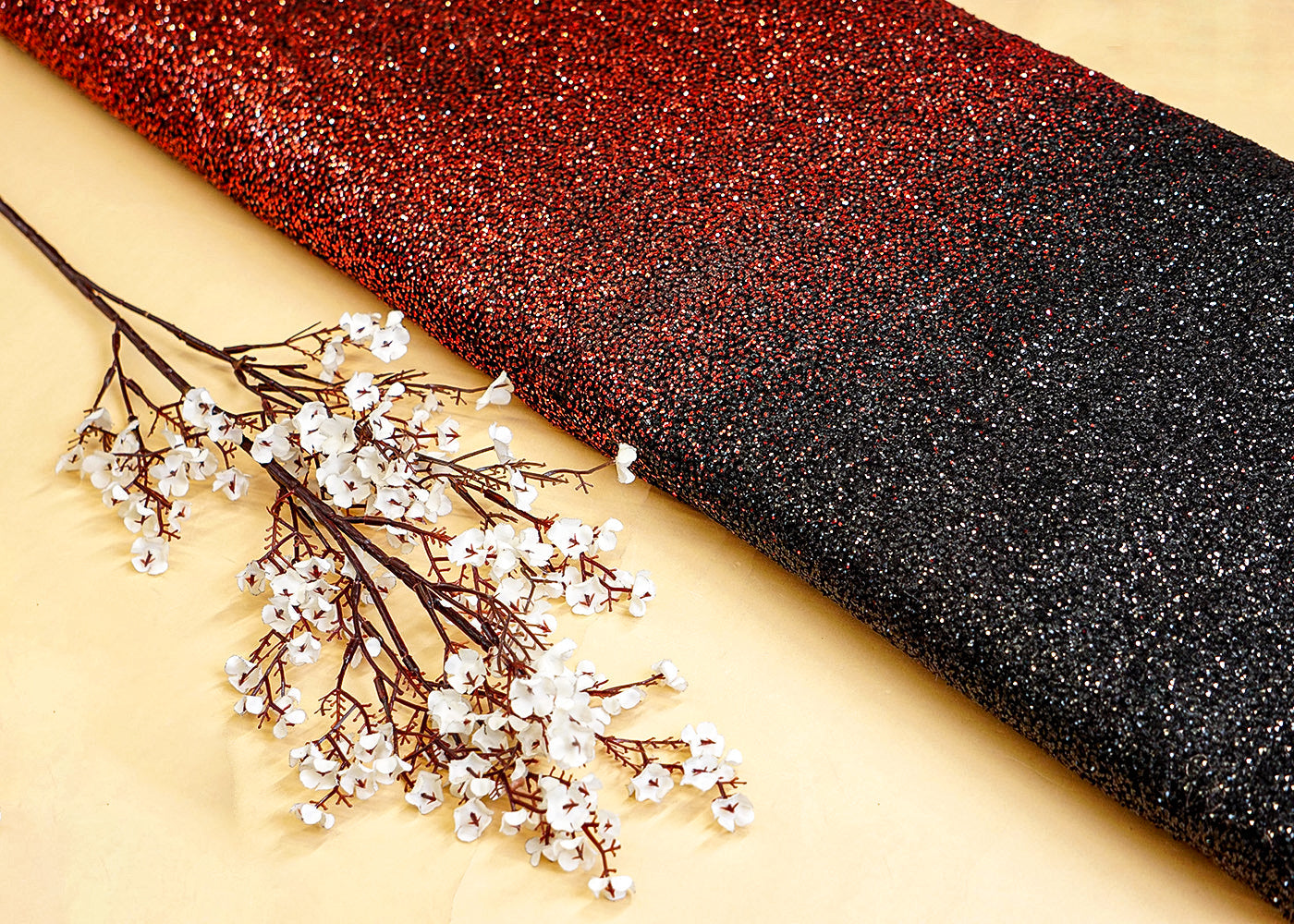 Red & Black Net Fabric with Allover Glitter Work 13255
