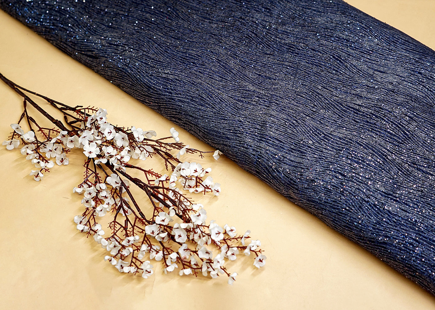 Dark Blue Net Fabric with Allover Glitter Work 13256