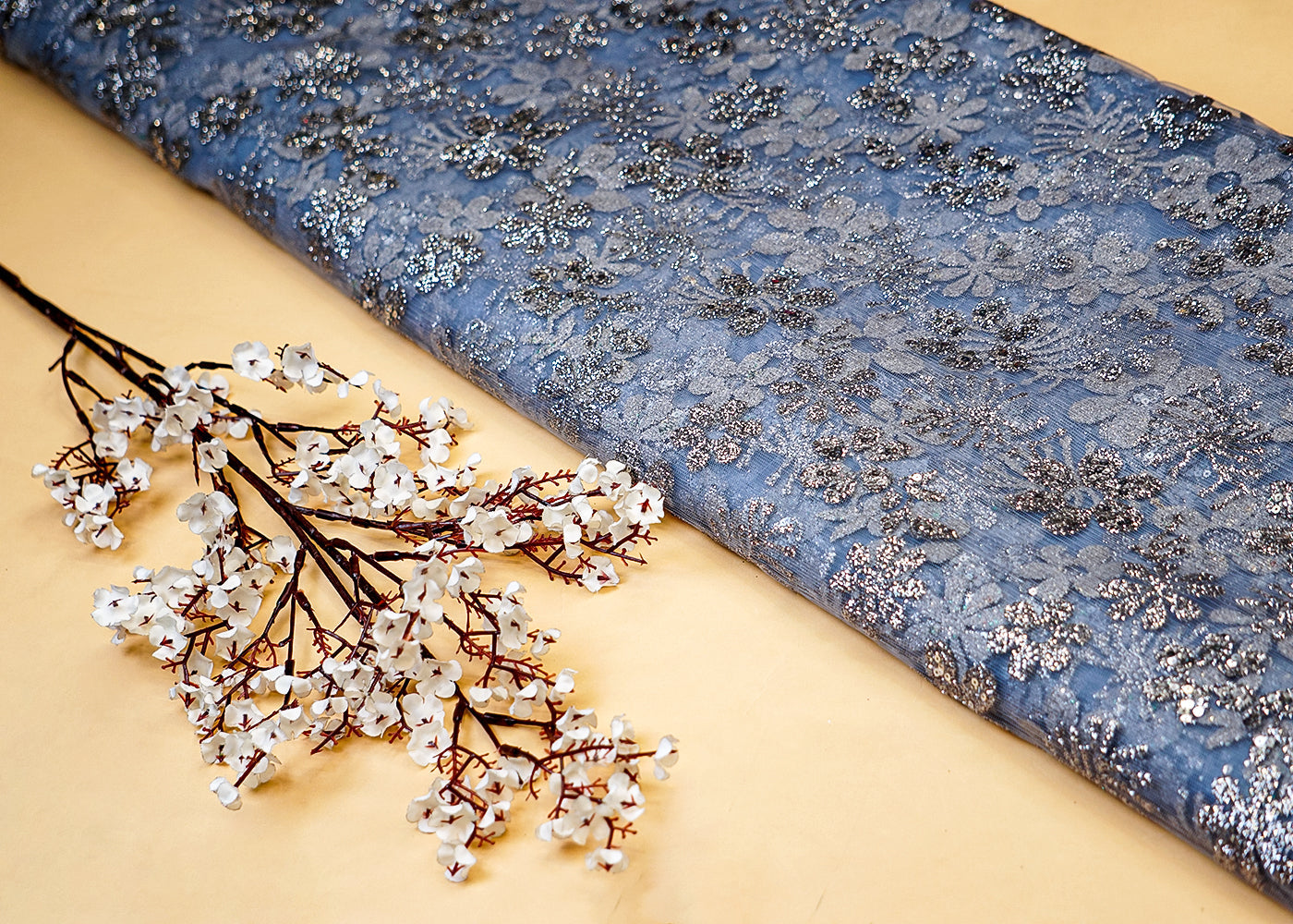 Grey Net Fabric with Allover Glitter and Sequins Work 13258