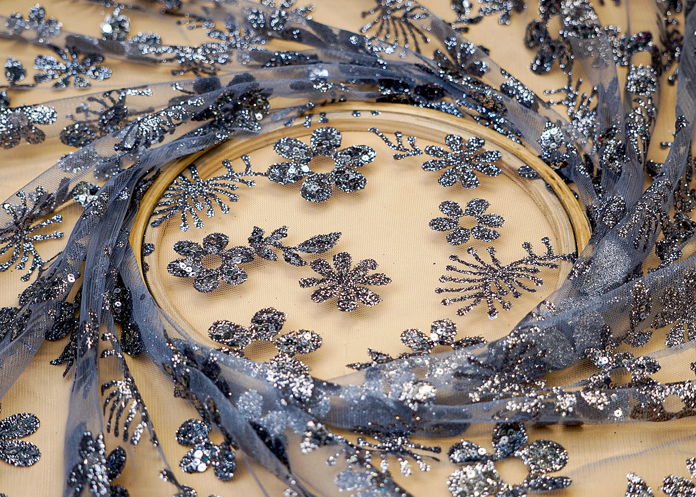 Grey Net Fabric with Allover Glitter and Sequins Work 13258