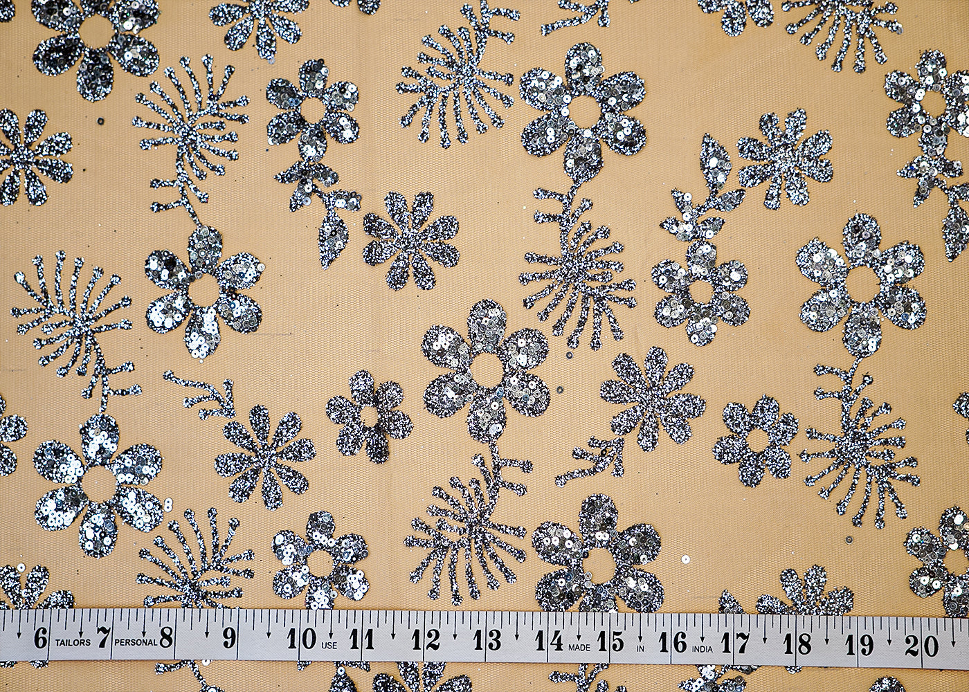 Grey Net Fabric with Allover Glitter and Sequins Work 13258