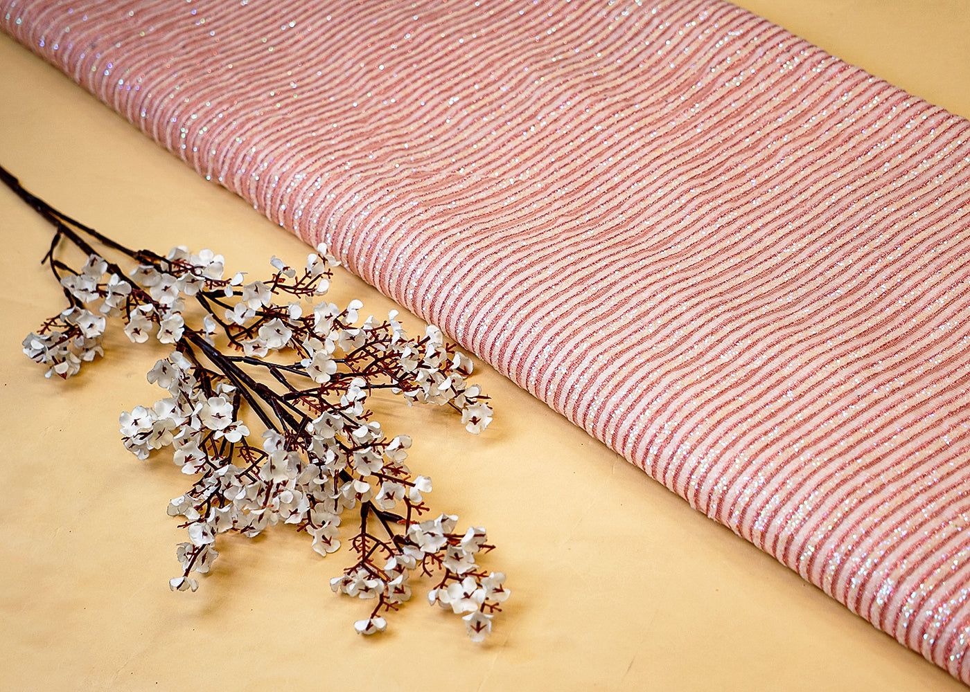 Light Pink Net Fabric with Allover Glitter Work 13260