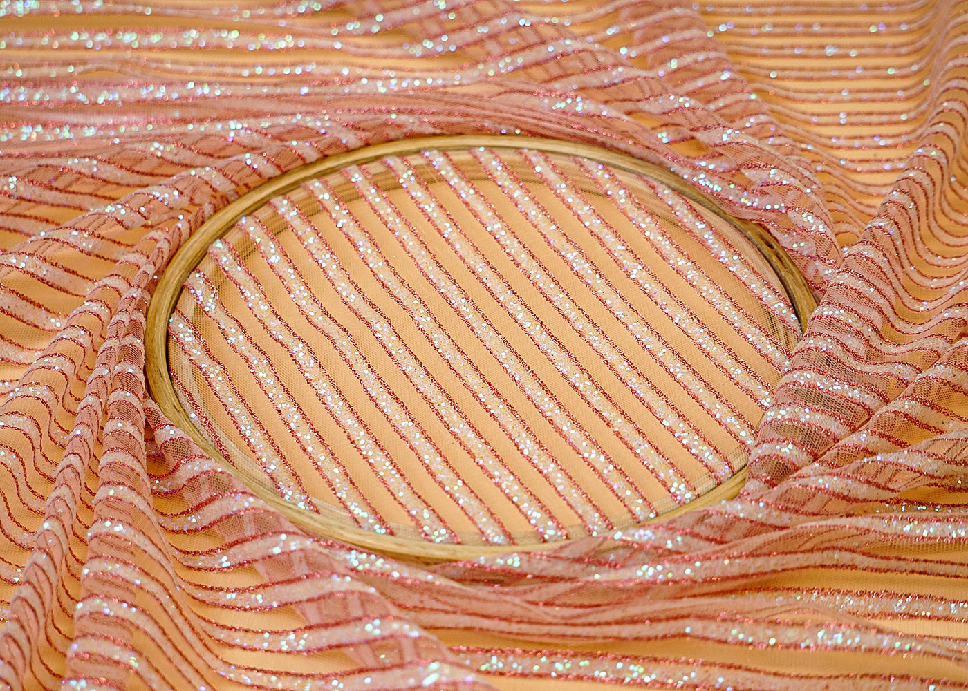 Light Pink Net Fabric with Allover Glitter Work 13260