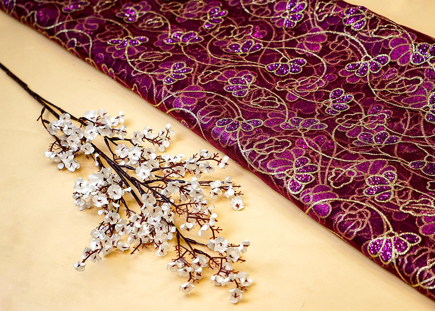 Wine Net Fabric with Allover Glitter Work 13261