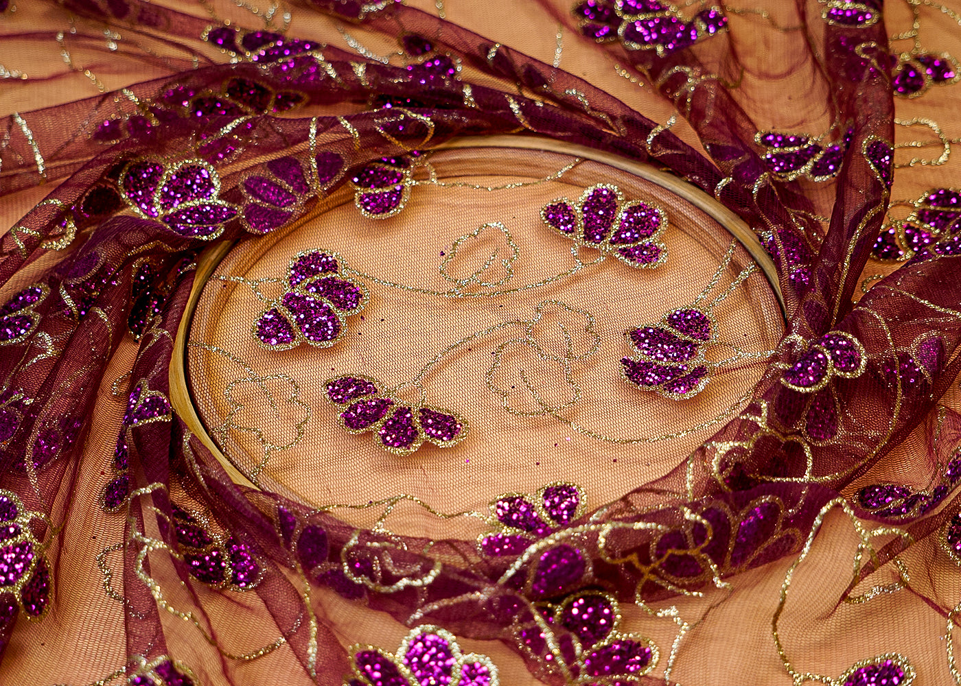 Wine Net Fabric with Allover Glitter Work 13261