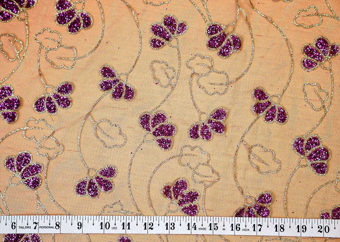 Wine Net Fabric with Allover Glitter Work 13261