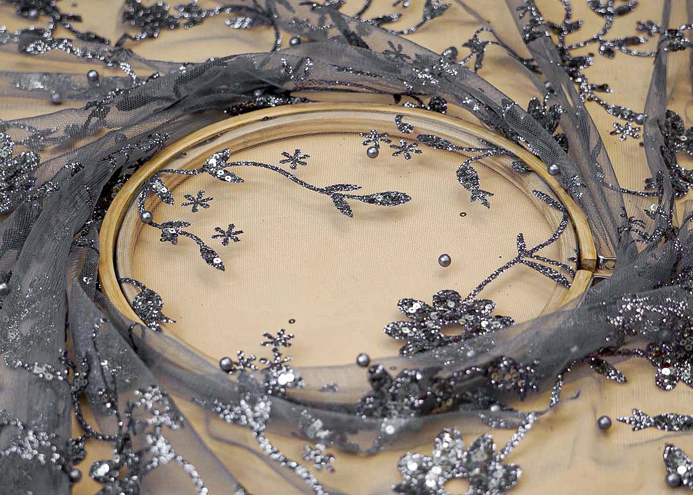 Grey Net Fabric with Allover Glitter, Sequins, and Pearl Work 13263