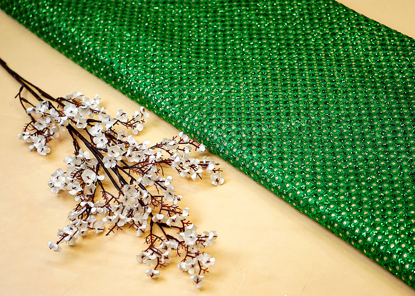 Green Net Fabric with Allover Glitter Work 13265