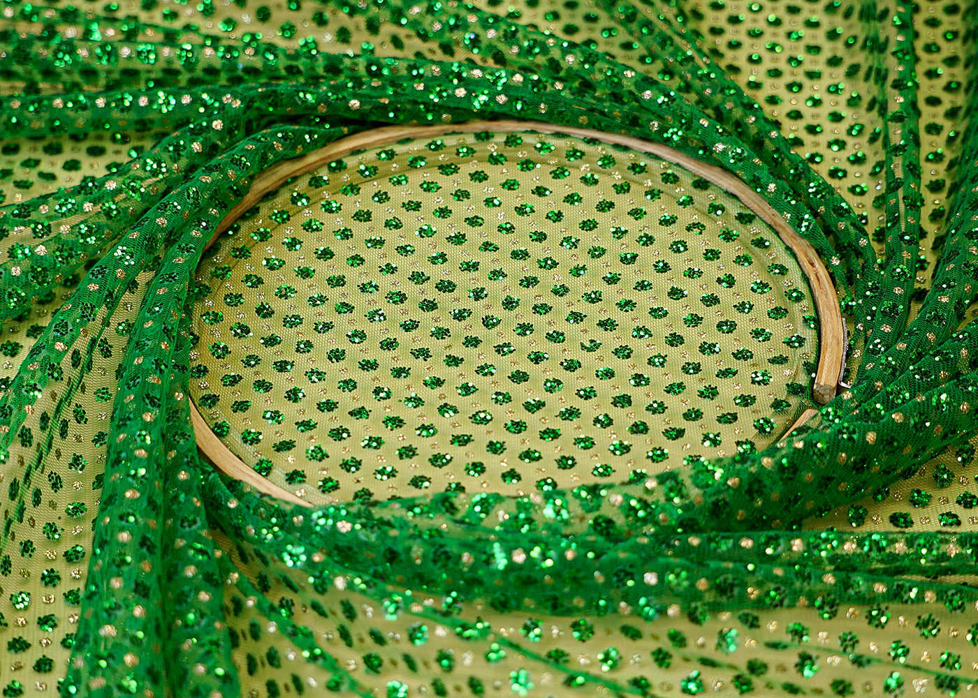 Green Net Fabric with Allover Glitter Work 13265