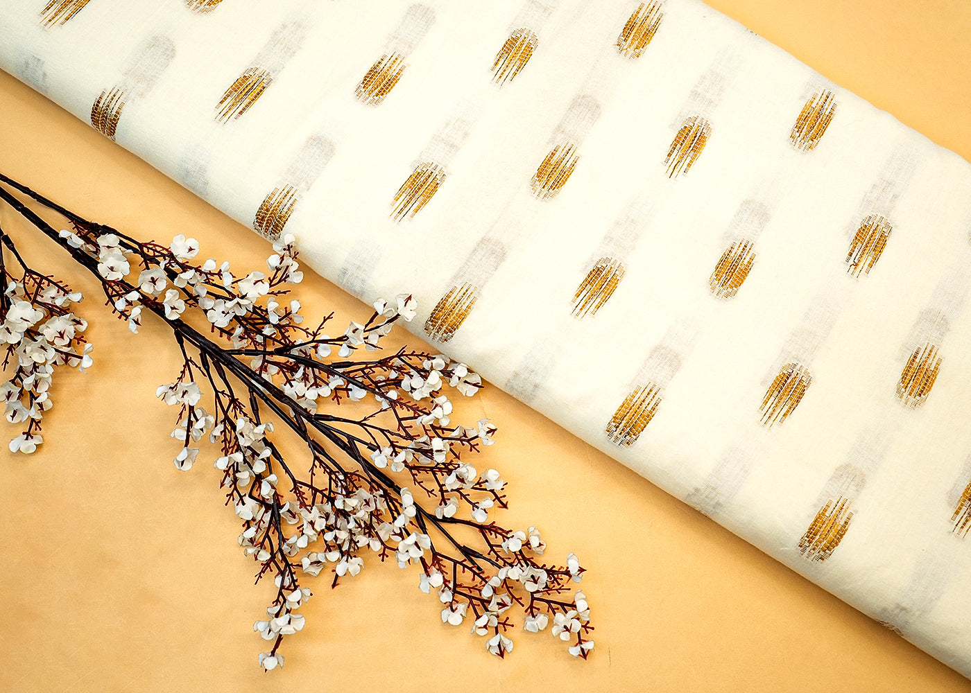 White Cotton Fabric with Allover Buti in Mustard Thread Weave 13502