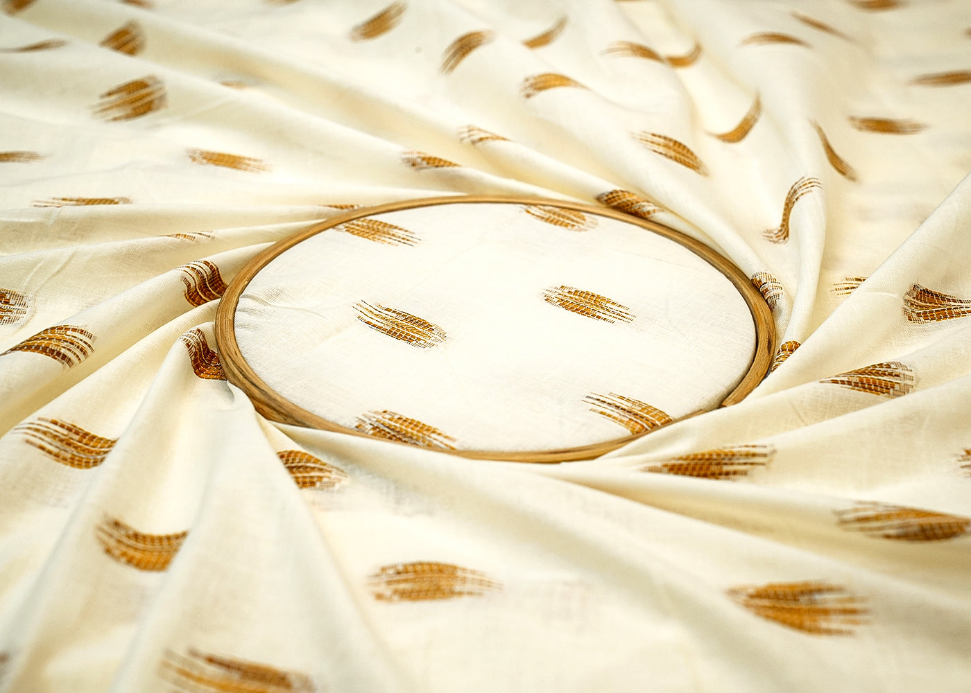 White Cotton Fabric with Allover Buti in Mustard Thread Weave 13502