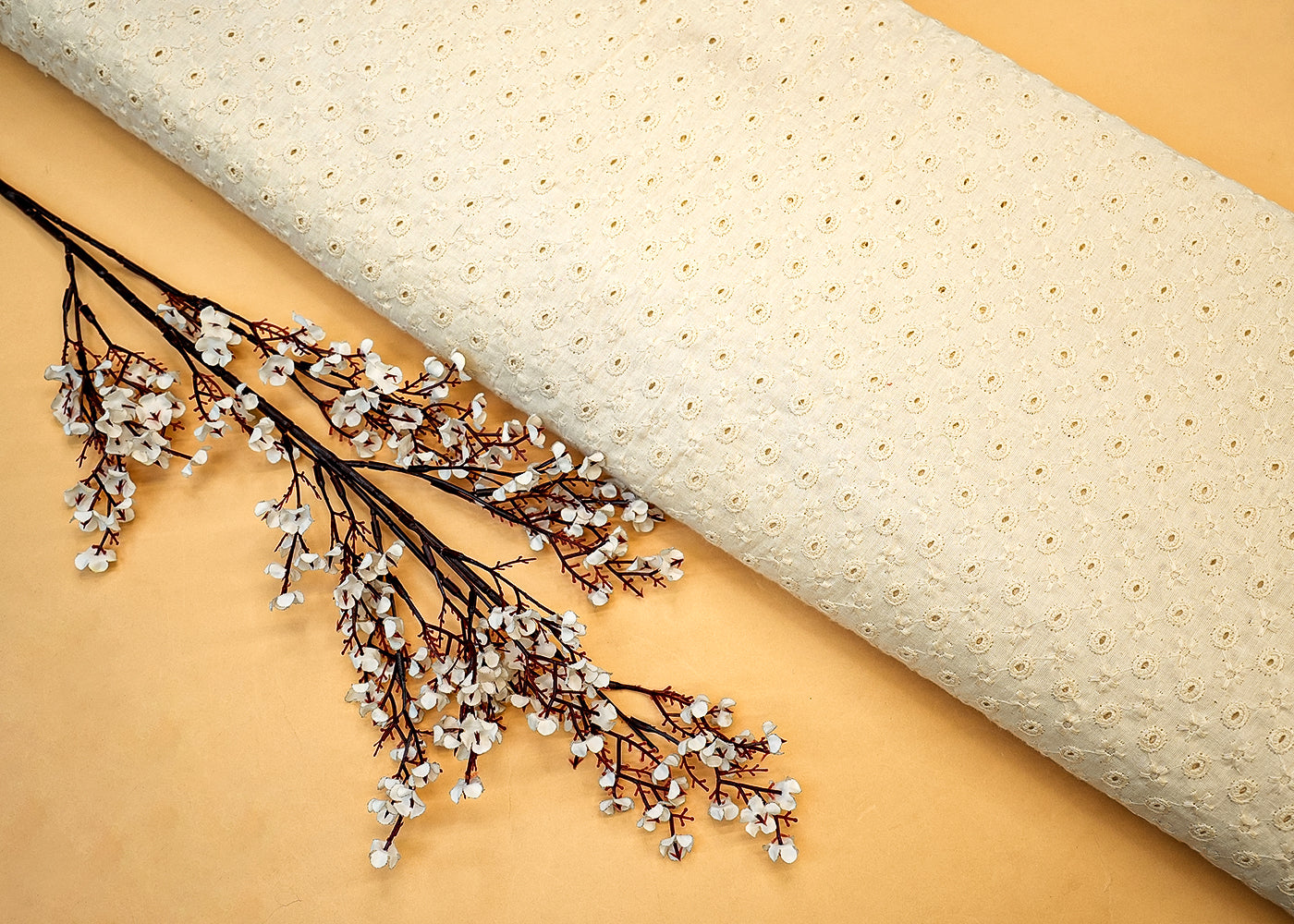 White Cotton Dobby Fabric with Allover Thread Work 13507
