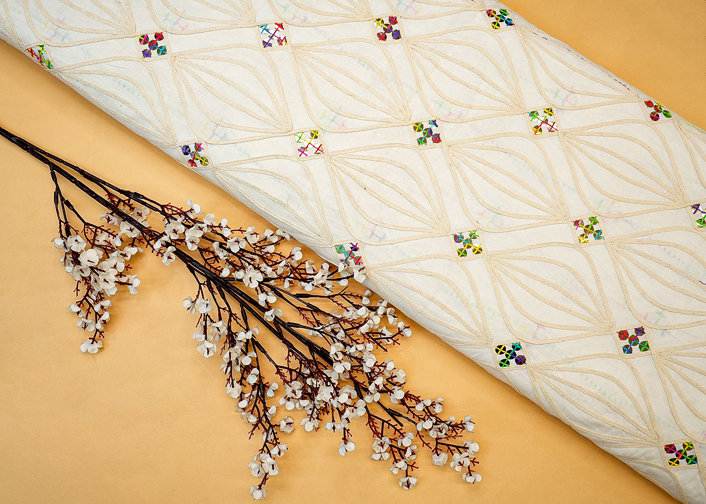 White Cotton Fabric with Allover Dori, Thread, and Sequins Work 13511