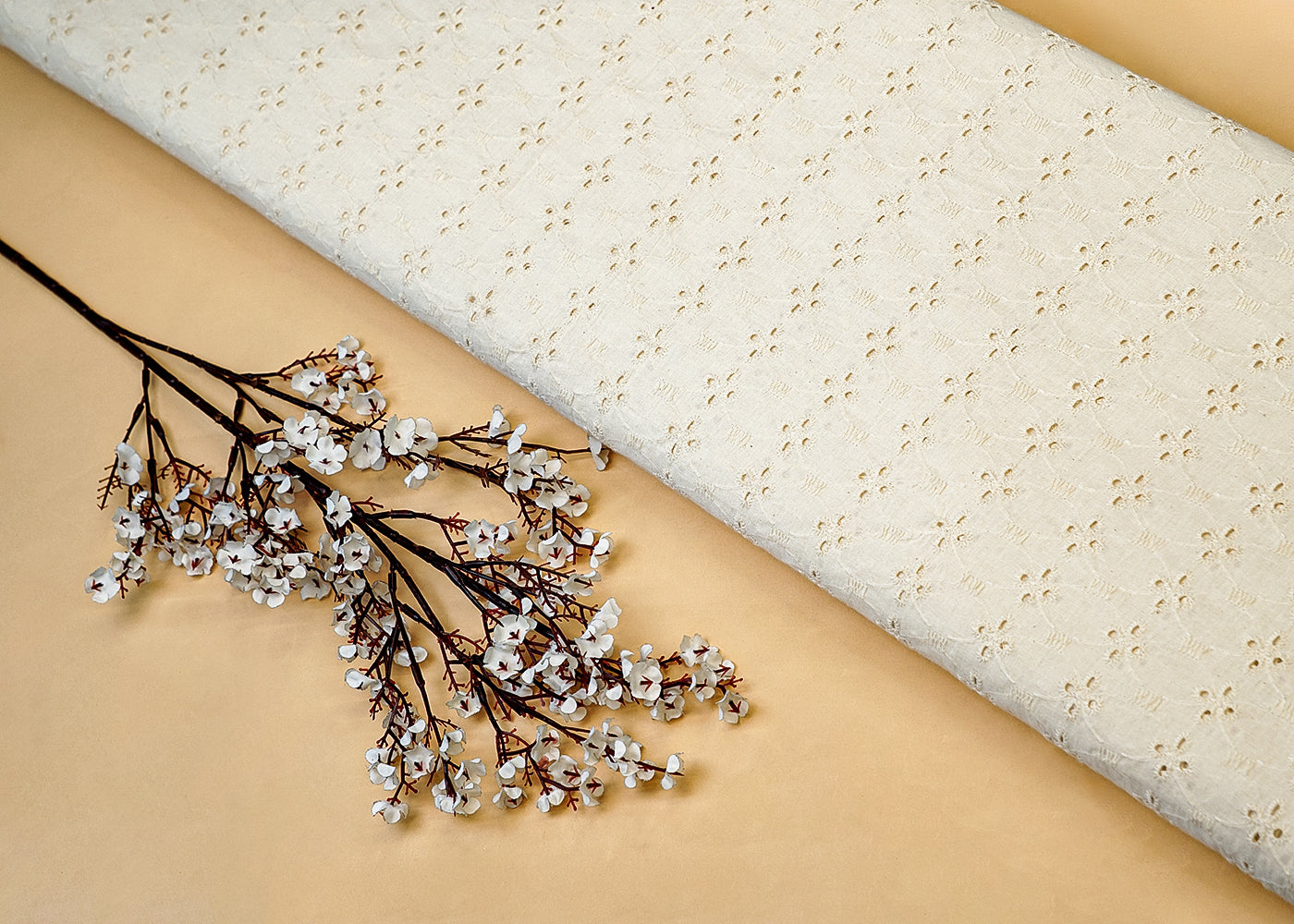 White Cotton Dobby Fabric with Allover Thread Work 13522