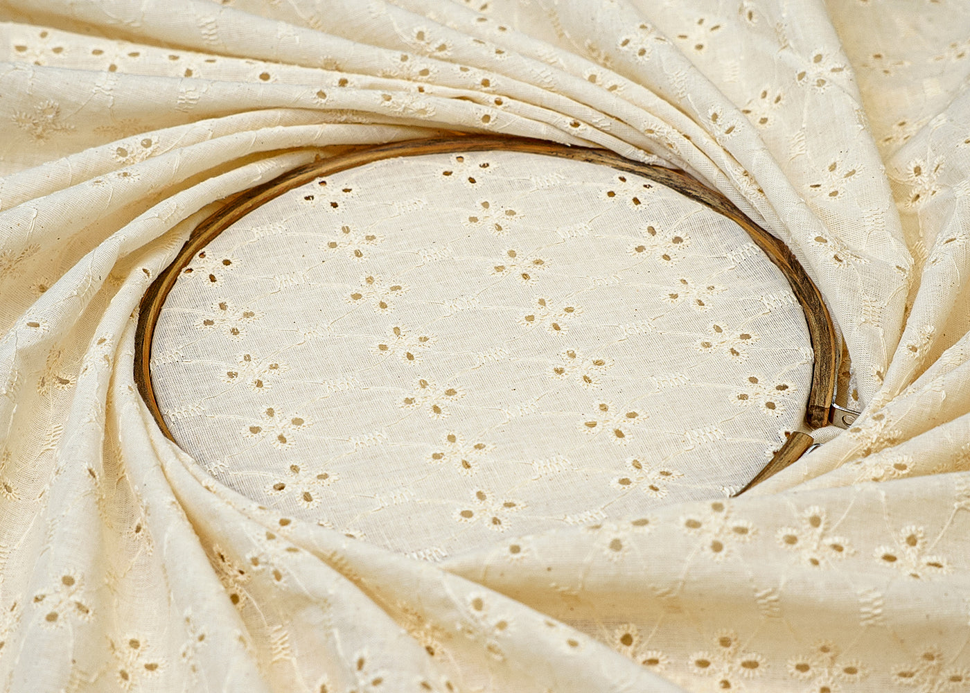 White Cotton Dobby Fabric with Allover Thread Work 13522