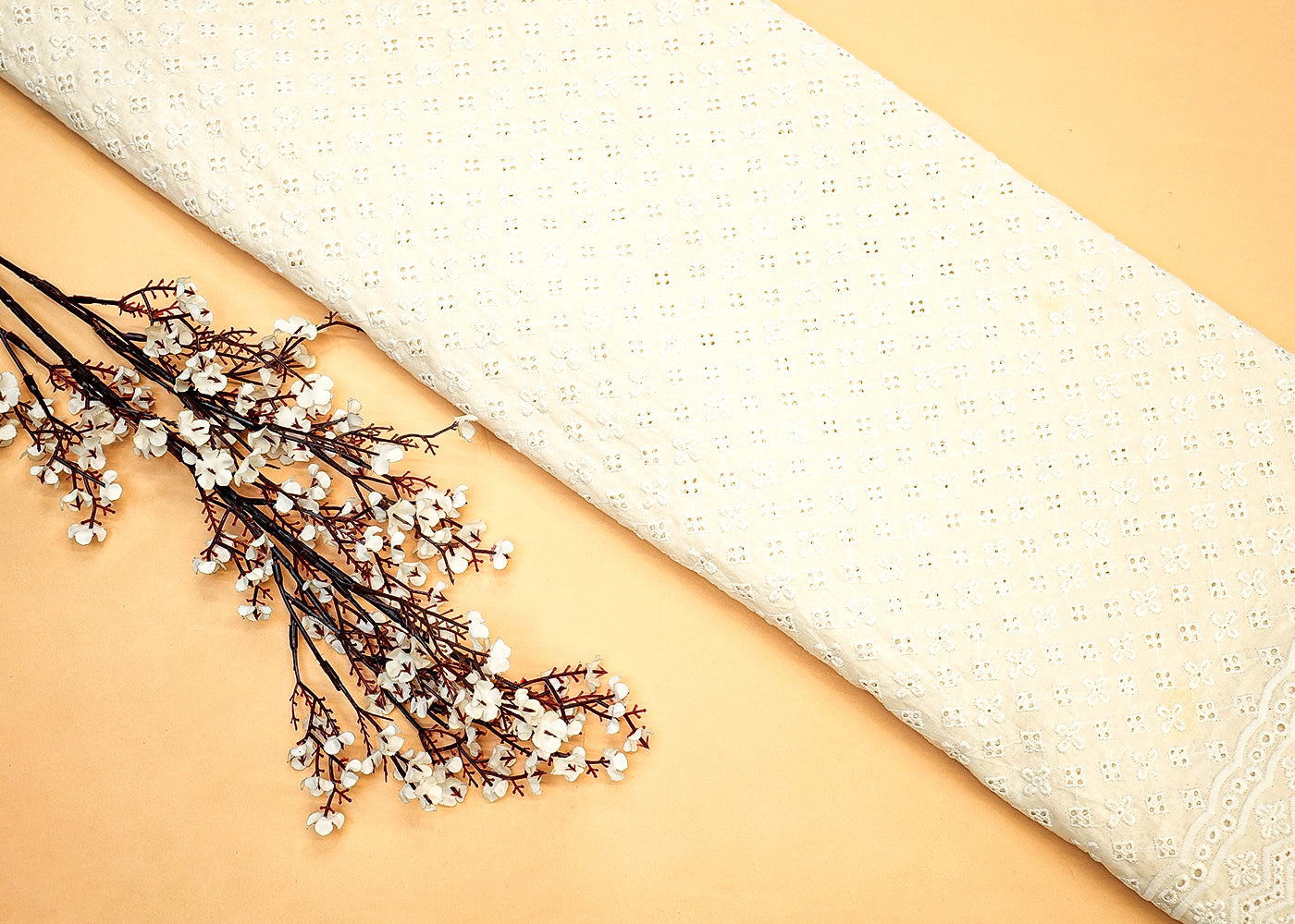 White Cotton Dobby Fabric with Allover Thread Work 13524