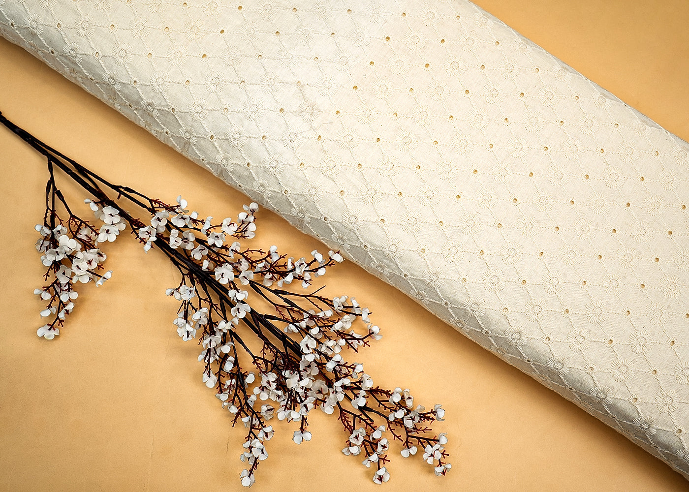 White Cotton Dobby Fabric with Allover Thread Work 13528