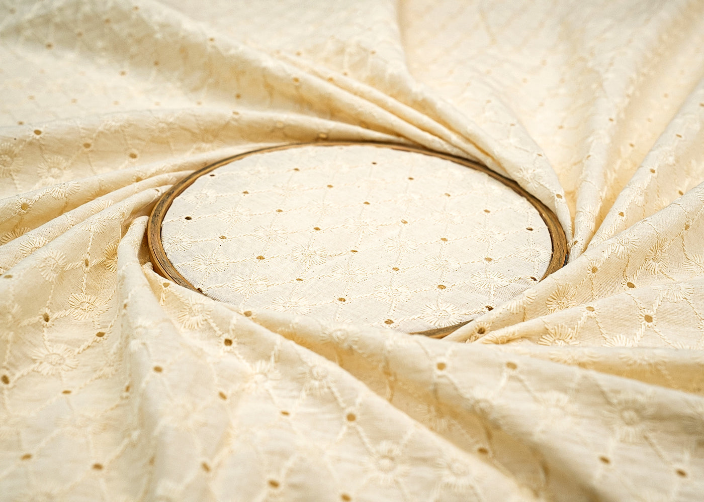 White Cotton Dobby Fabric with Allover Thread Work 13528