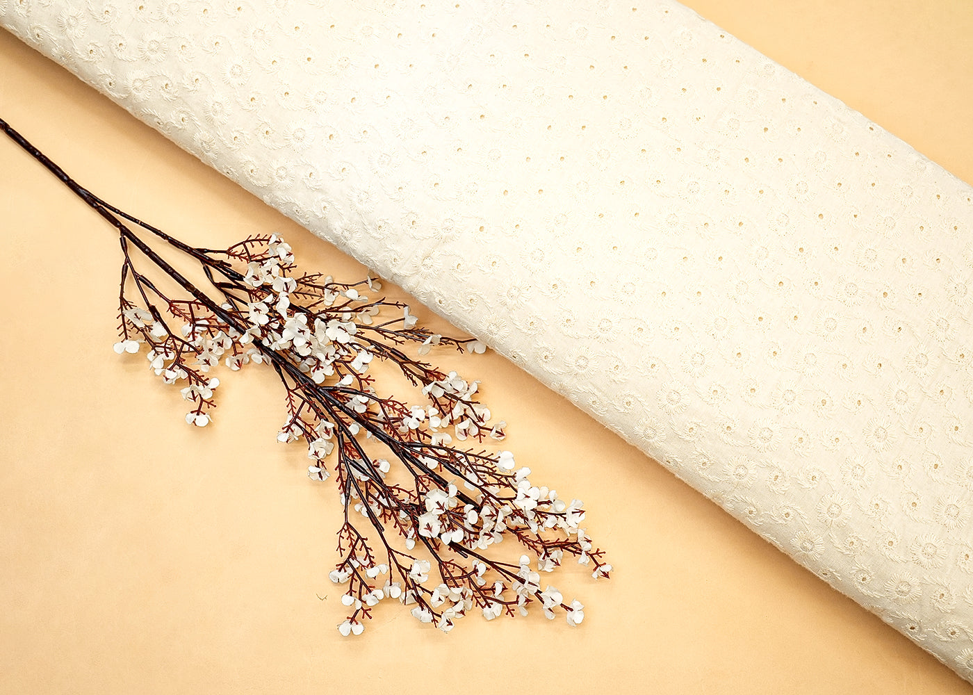 White Cotton Dobby Fabric with Allover Thread Work 13529