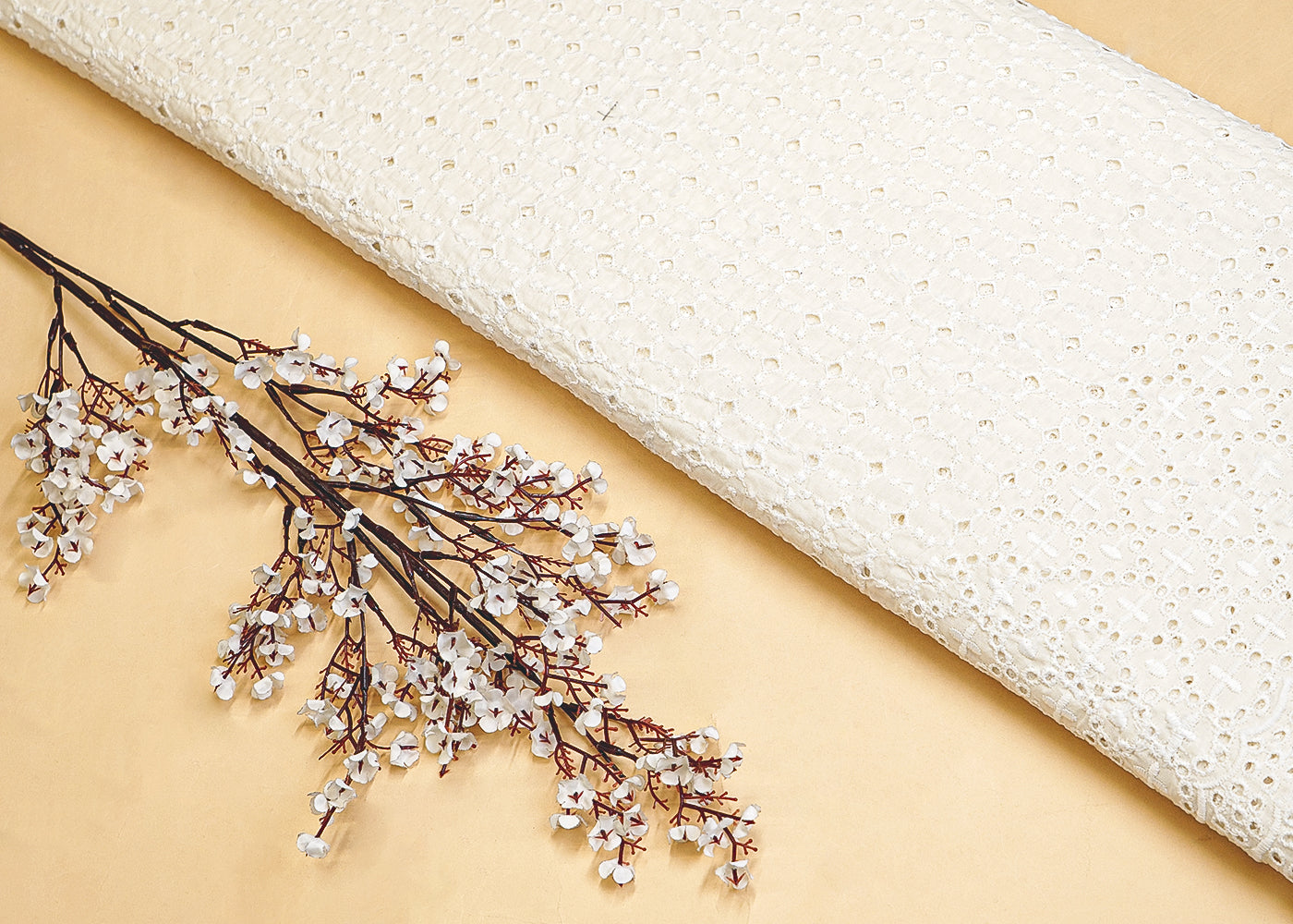White Cotton Dobby Fabric with Allover Thread Work and Border 13530