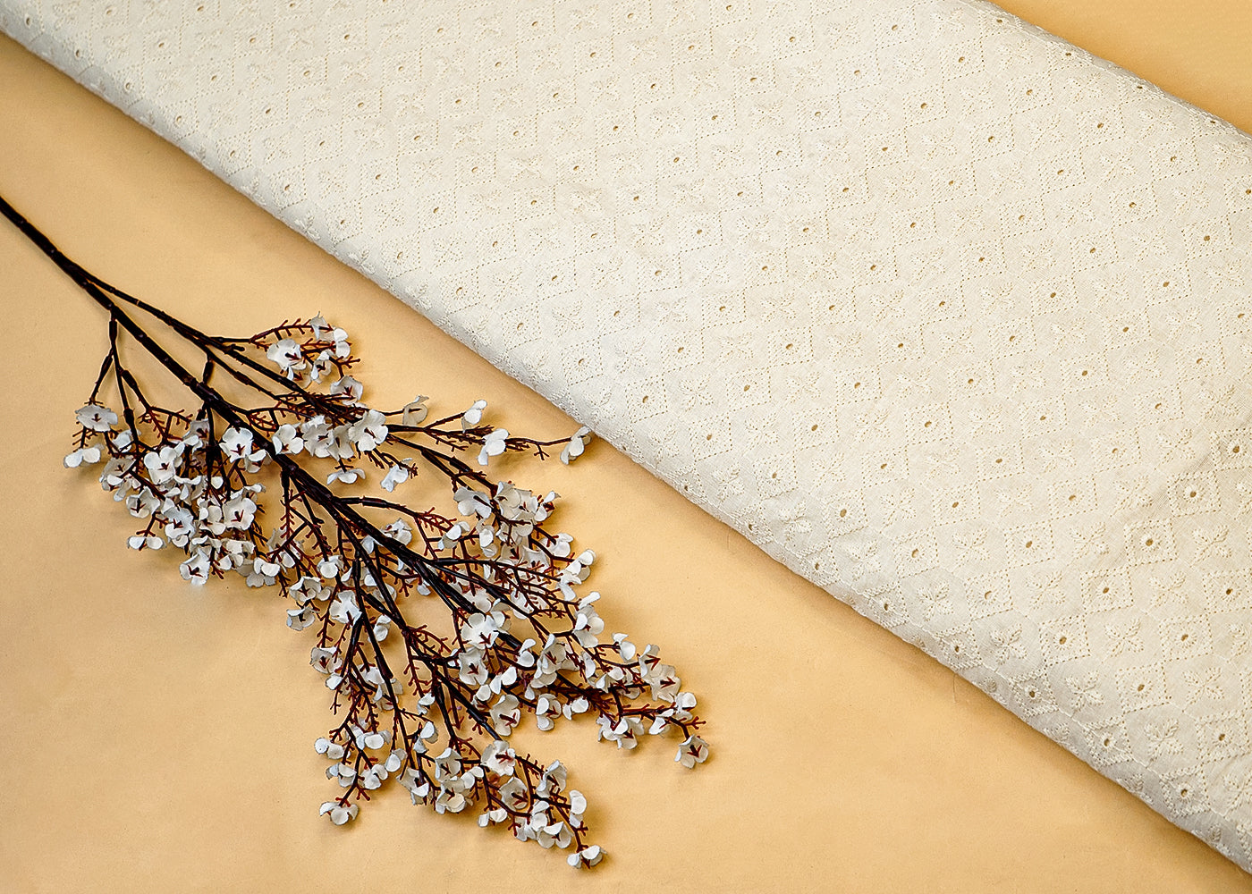 White Cotton Schiffli Fabric with Allover Thread Work 13535