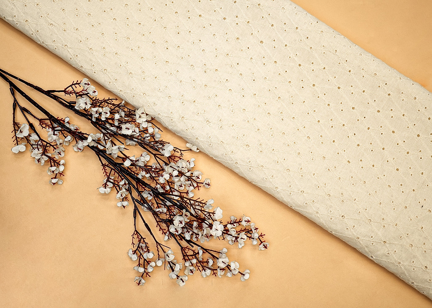 White Cotton Dobby Fabric with Allover Thread Work 13539