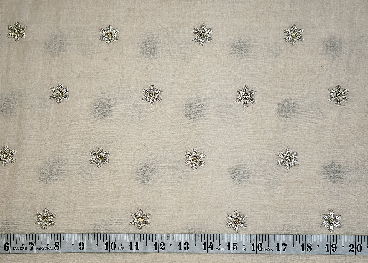 White Cotton Fabric with Allover Buti of Thread and Sequins 13544