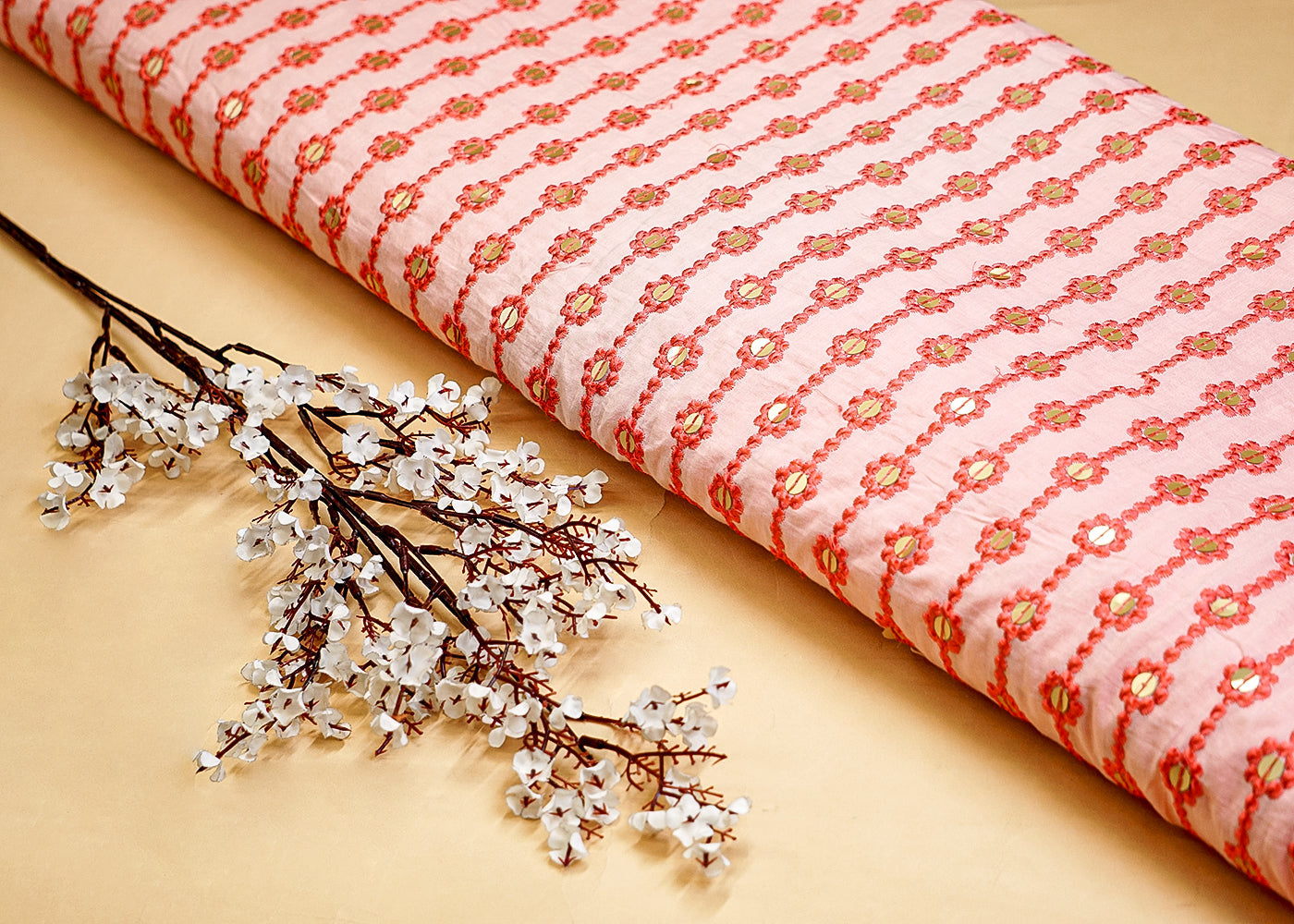 Pink Cotton Fabric with Allover Thread and Sequins Work 13550