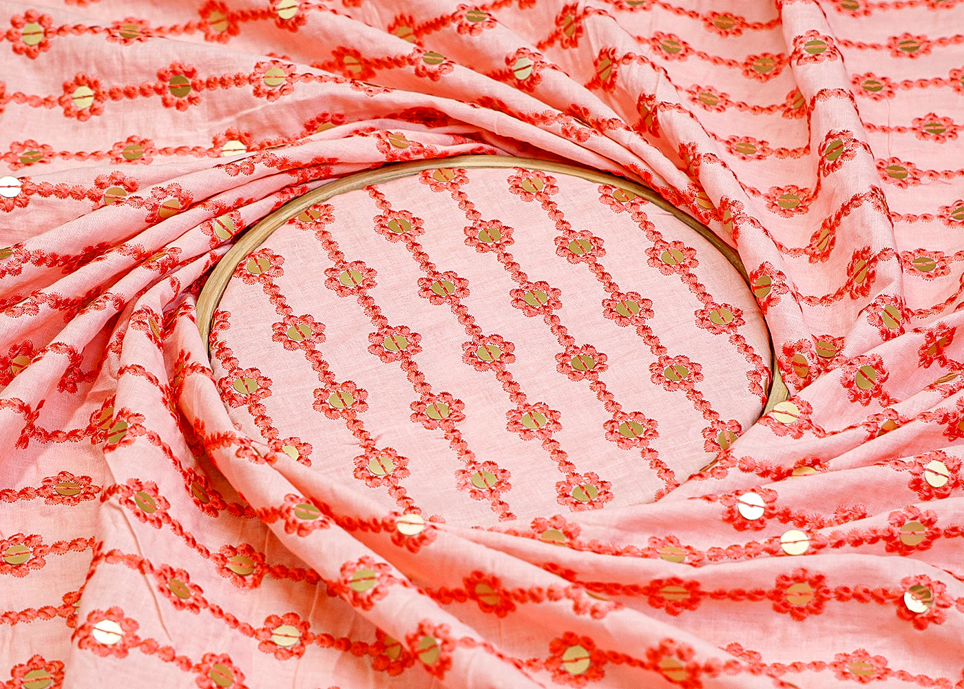 Pink Cotton Fabric with Allover Thread and Sequins Work 13550
